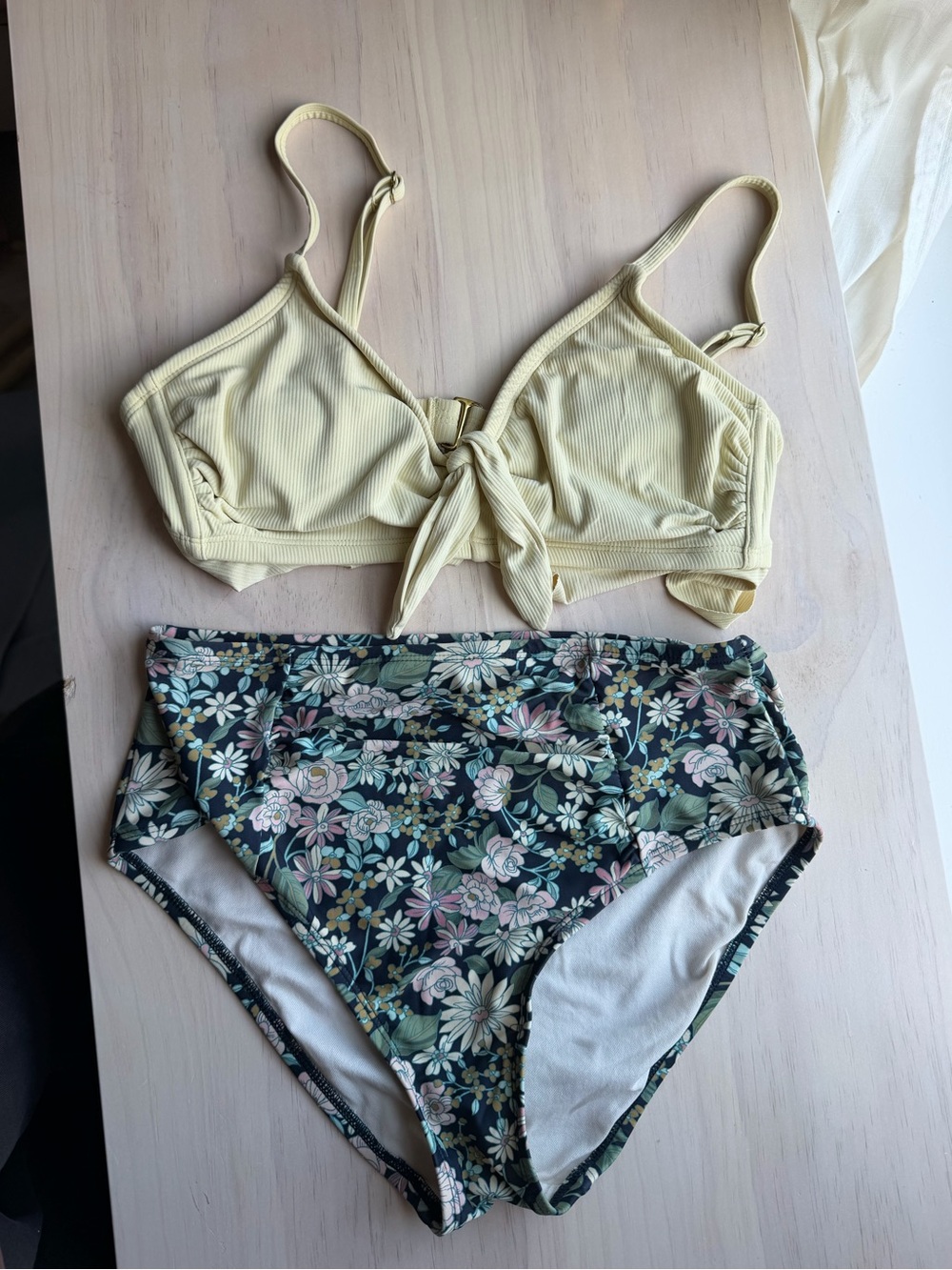 Xhilaration Yellow Ribbed Tie-Front Bikini Top with Floral High-Waist Bottom